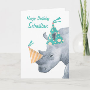Carte Anniversaire Rhino avec Casquette de fête sur la c