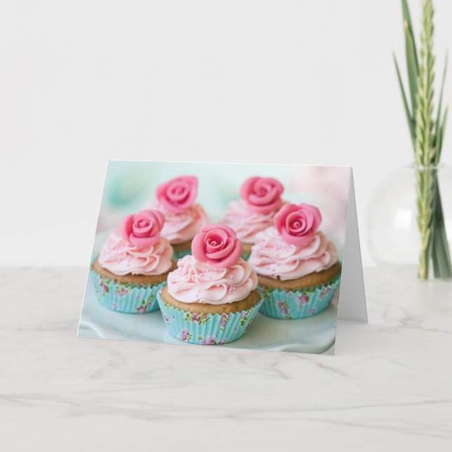 Carte Anniversaire rose, épousant des gâteaux de tasse (Devant)