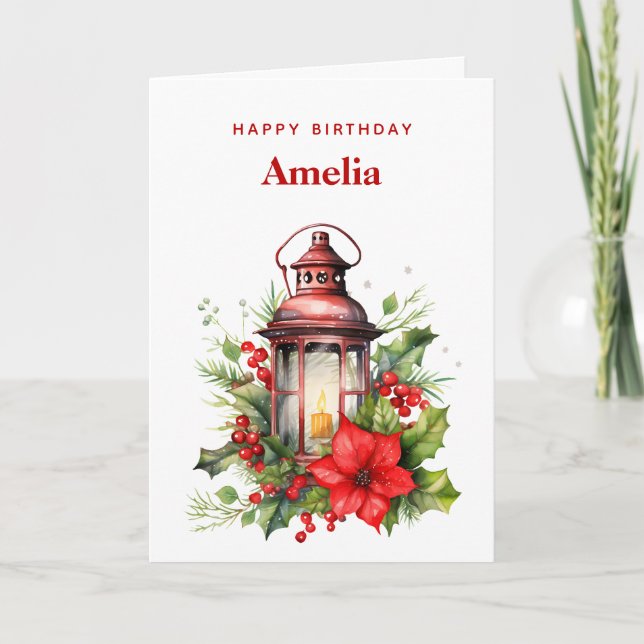 Carte Anniversaire rouge de Noël Poinsettia et pin (Devant)