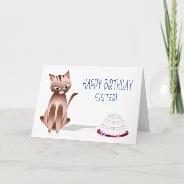 Carte ANNIVERSAIRE - Soeur - Chat Kitty - Gâteau (Devant)