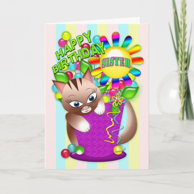 Carte Anniversaire - Soeur - Kitty Cat Célébrer (Devant)
