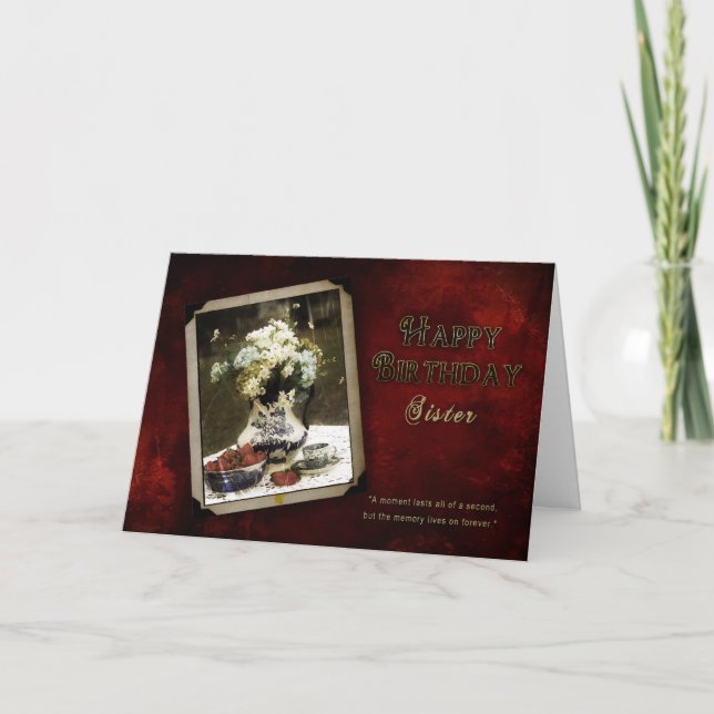 Carte Anniversaire, Soeur, Plats Bleus Antique, Fleur (Devant)