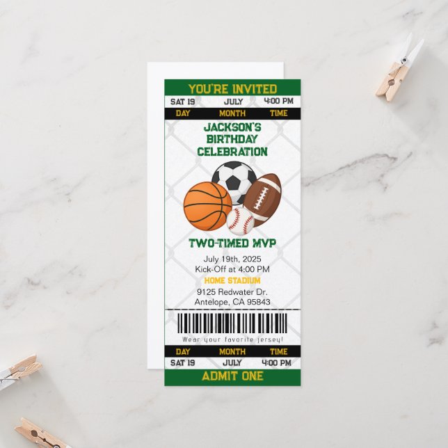 Carte Anniversaire Sports Thème Billetterie Stub Invitat (Devant/Arrière en situation)