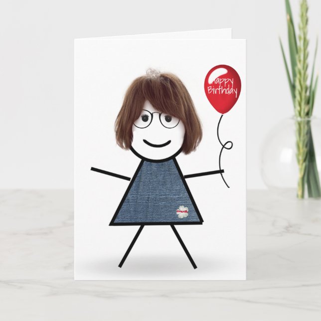 Carte Anniversaire Stick Girl avec Balloon rouge (Devant)