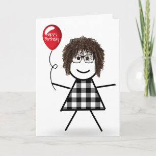 Carte Anniversaire Stick Girl avec Balloon rouge