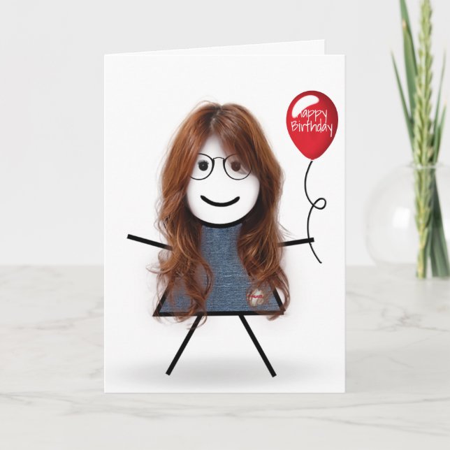 Carte Anniversaire Stick Girl avec Balloon rouge (Devant)