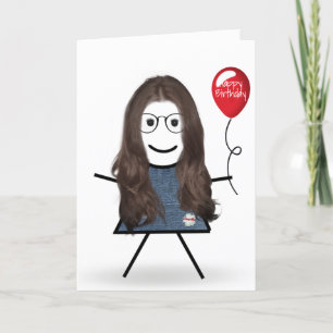 Carte Anniversaire Stick Girl avec Balloon rouge
