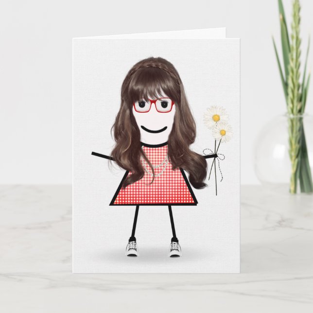 Carte Anniversaire Stick Girl avec marguerites (Devant)