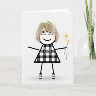 Carte Anniversaire Stick Girl avec marguerites