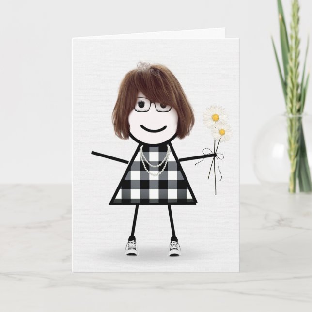 Carte Anniversaire Stick Girl avec marguerites (Devant)