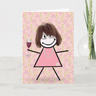 Carte Anniversaire Stick Girl Avec Vin Rouge