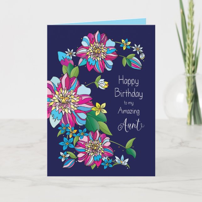 Carte Anniversaire, Tante, Gras Lumineux & Fleurs Coloré (Devant)