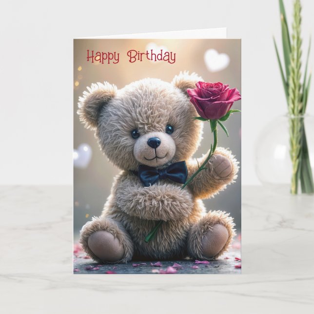 Carte Anniversaire Teddy Ours Avec Rose Rouge (Devant)