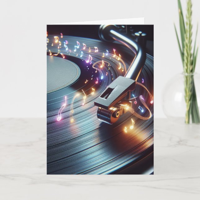 Carte Anniversaire Tourne-disque Avec Neon Music Notes (Devant)