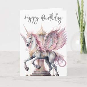 Carte Anniversaire Unicorne Pegasus Carousel Cheval rose