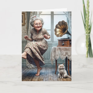Carte Anniversaire Vielle dame dansant à un Gramophone