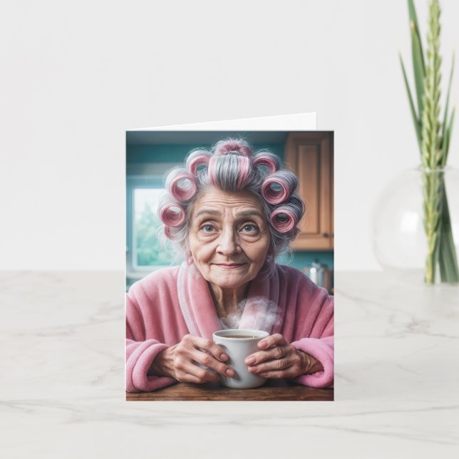 Carte Anniversaire Vielle Dame En Curlers Roses (Devant)