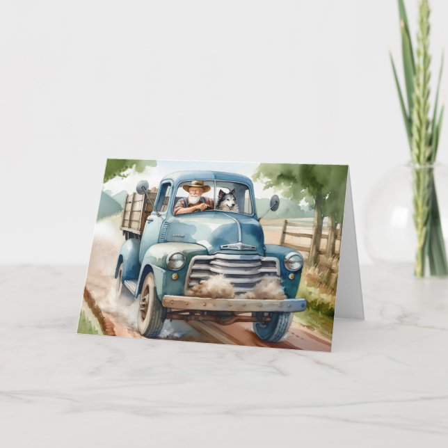 Carte Anniversaire Vieux homme et chien en Bleu Retro Ca (Devant)
