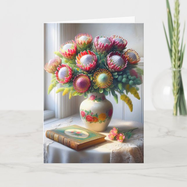 Carte Anniversaire Vintage Pincushion Protea Bouquet (Devant)
