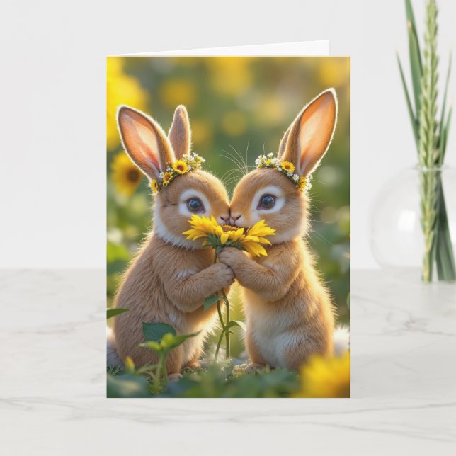 Carte Anniversary Bunnies Smelling a Yellow Sunflower (Devant)