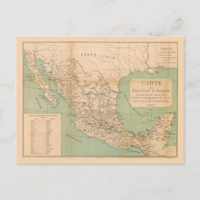 Carte antique du Mexique Etats Unis du Mexique (Devant)