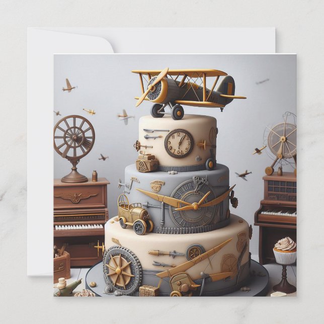 CARTE ANTIQUE RETRO AIRPLANE CAKE ANNIVERSAIRE (Devant)