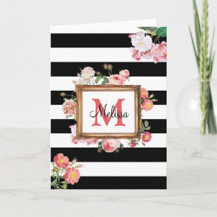 Carte Antique Vintage Floral & Stripes Monogramme