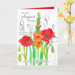 Carte Août Anniversaire Gladiolus Red Poppy Fleurs de na