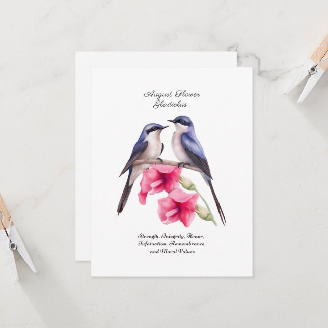 Carte Août Mois de naissance Gladiolus à fleurs avec ois (Devant/Arrière en situation)