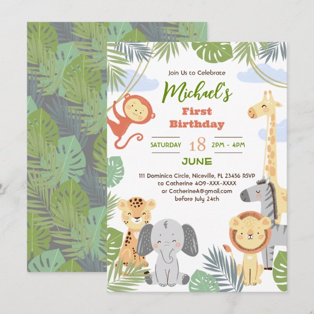 Carte Appartement 1er anniversaire avec des animaux mign (Devant / Derrière)
