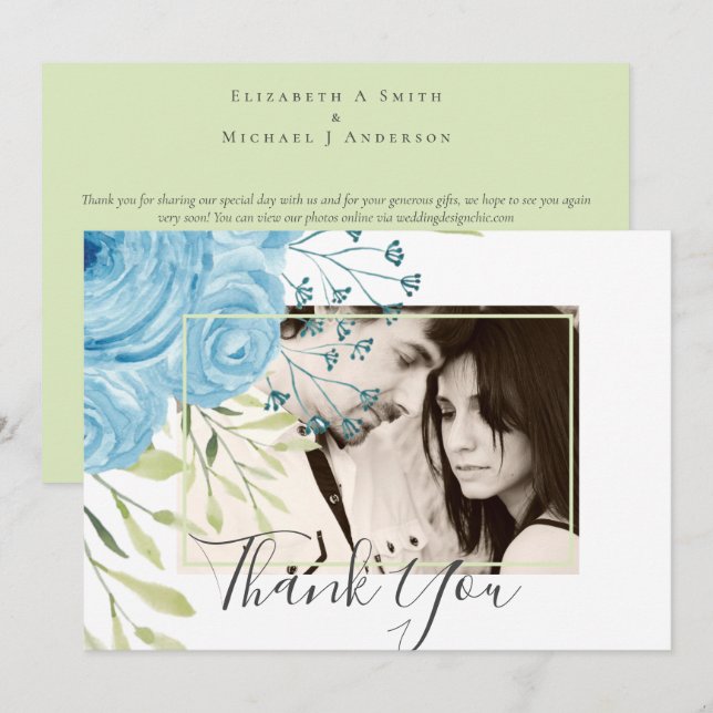 Carte Aqua Blue Floral Mariage (Devant / Derrière)