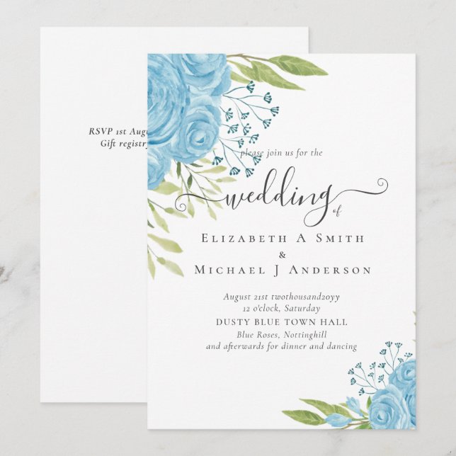 Carte Aqua Blue Floral Mariage (Devant / Derrière)