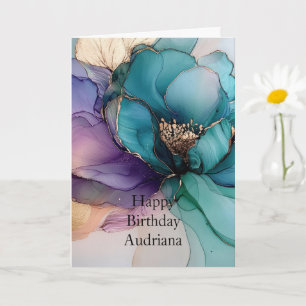 Carte Aqua Blue Purple Gold Floral Anniversaire