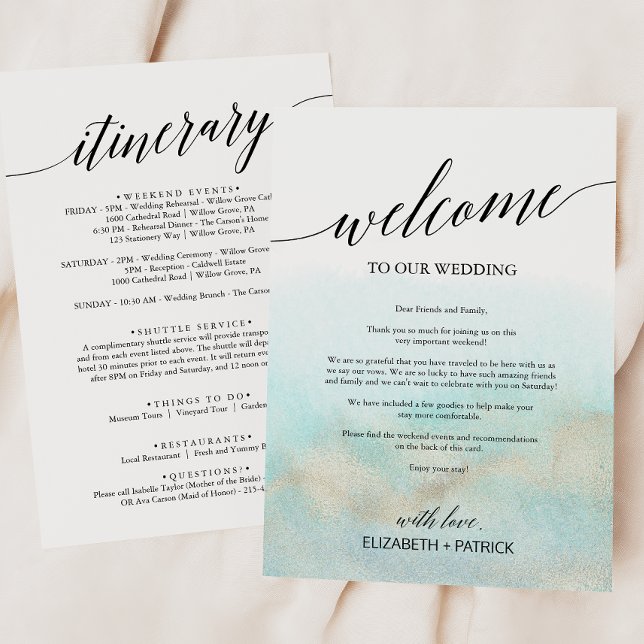 Carte Aqua Gold Beach Mariage Bienvenue Lettre & Itinéra (Créateur téléchargé)