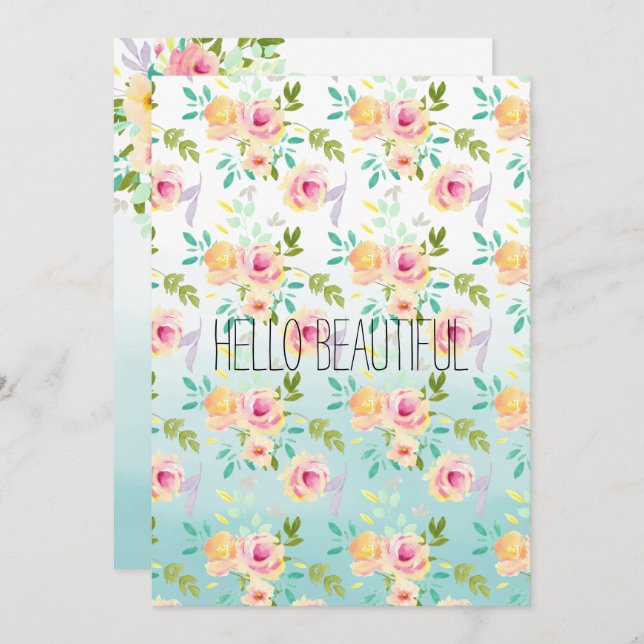 Carte Aqua Ombre rose jaune floral (Devant / Derrière)