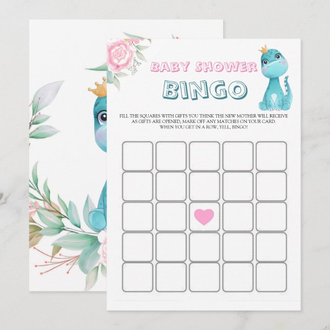 Carte Aqua Princess Dinosaures Baby shower Peony Bingo (Devant / Derrière)