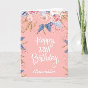 Carte Aquarelle 12e anniversaire Botanique rose floral