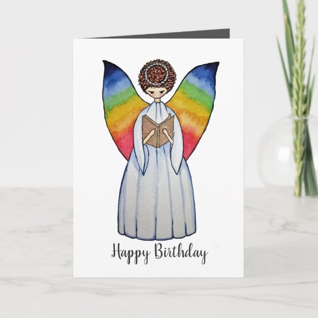 Carte Aquarelle Angel Avec Arcs-En-Ciel Lire Un Livre (Devant)