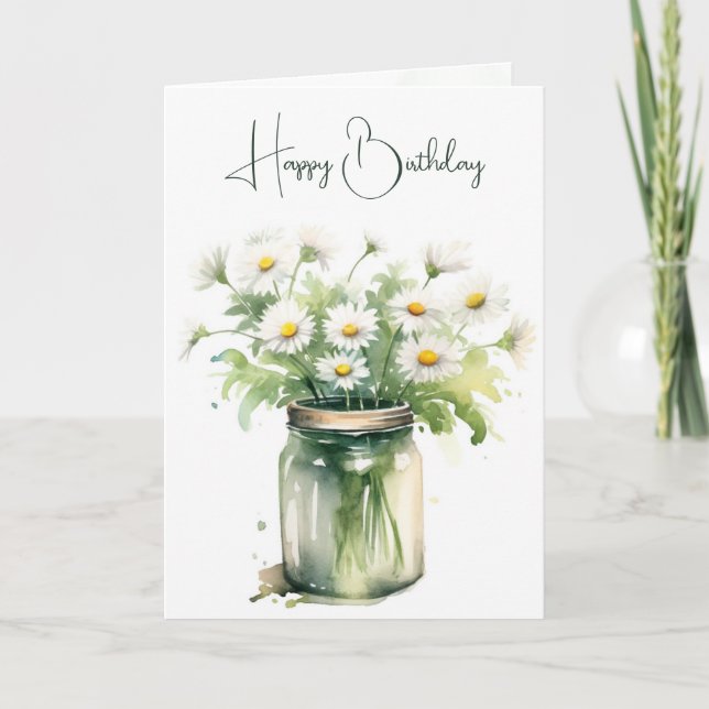 Carte Aquarelle Anniversaire Bouquet Daisy En Jar (Devant)