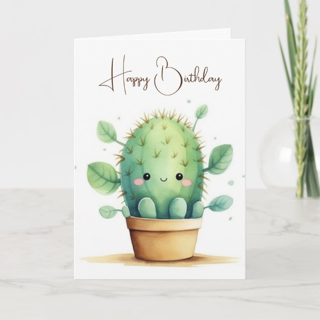 Carte Aquarelle Anniversaire Cactus En Pot (Devant)