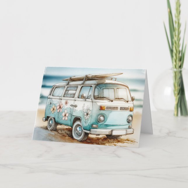 Carte Aquarelle Anniversaire Campervan Rétro Avec Surf (Devant)