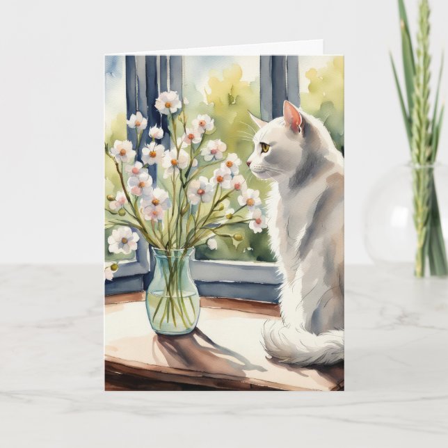 Carte Aquarelle Anniversaire Chat et marguerites (Devant)