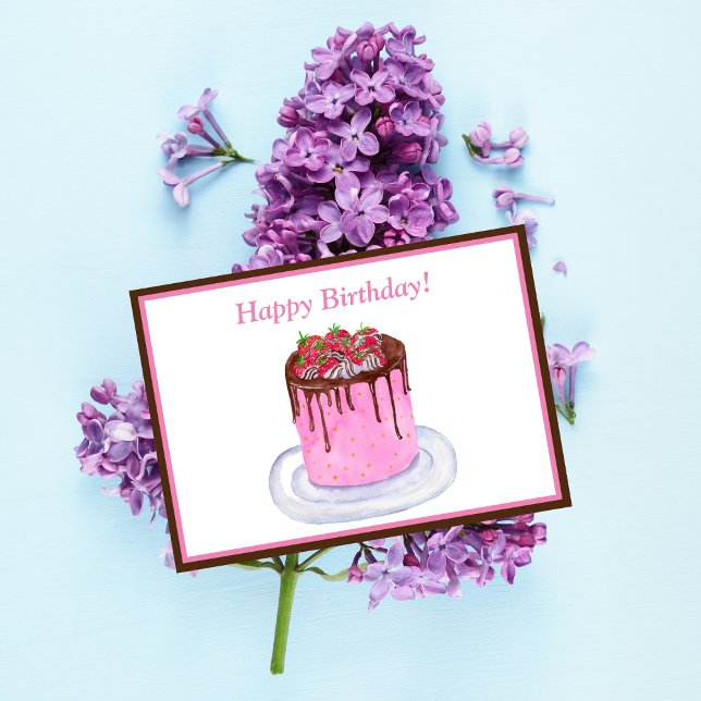 Carte Aquarelle Anniversaire Gâteau de fraises au chocol (Sweetness, joy, and delight in a hand-painted watercolor cake.)