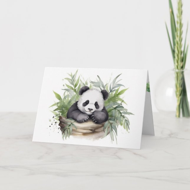 Carte Aquarelle Anniversaire Panda Ours En Panier (Devant)