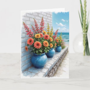 Carte Aquarelle Anniversaire Plage Dahlias