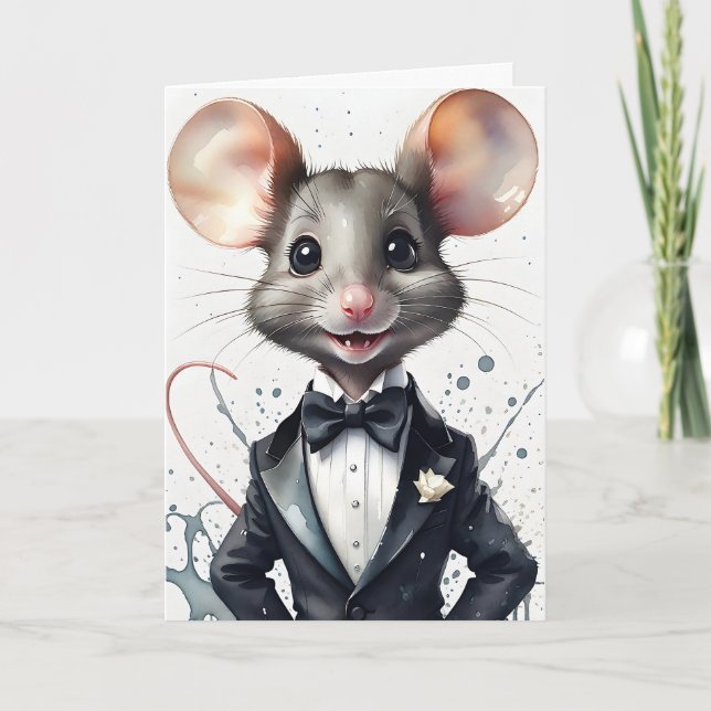 Carte Aquarelle Art Cute Souris Tuxedo Black Cravate Flo (Devant)