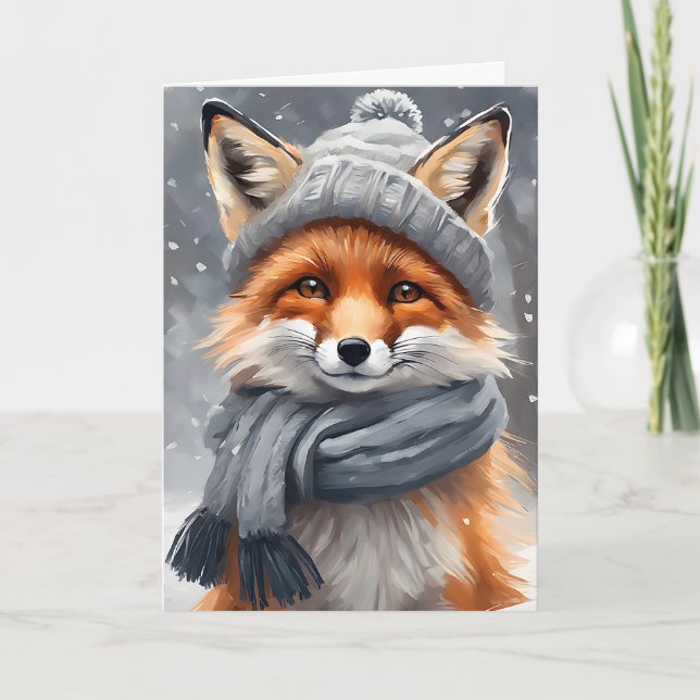 Carte Aquarelle Art Renard rouge en blanc Casquette et É (Devant)