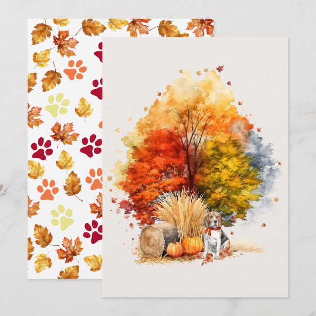 Carte Aquarelle Automne Chien Design - Beagle (Devant / Derrière)
