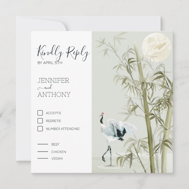 Carte Aquarelle Bambou Lune et grue Bird (Devant)