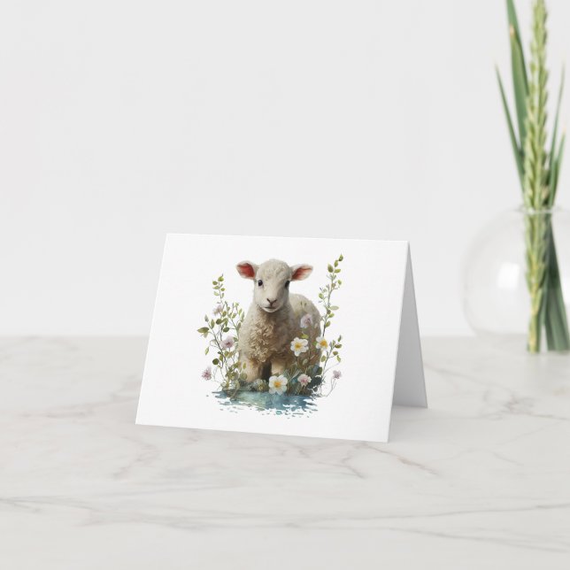 Carte Aquarelle Bébé agneau avec fleurs BLANC (Devant)